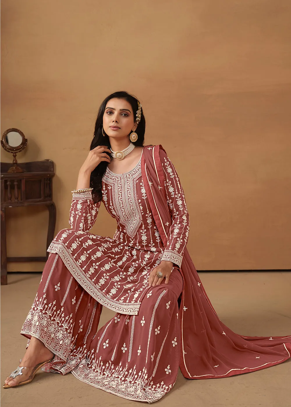 Radiant Brown Embroidered Wedding Festive Gharara Suit