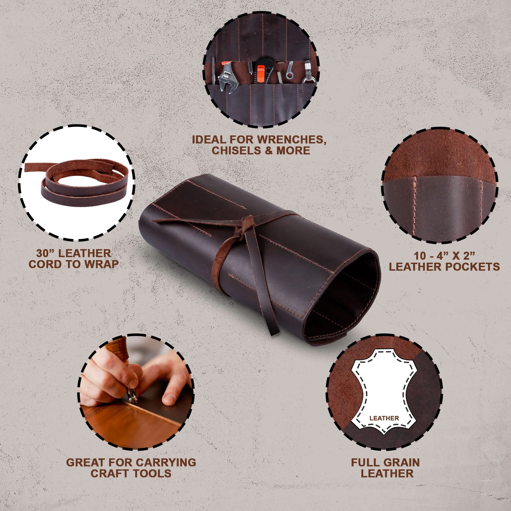 RAWHYD - Full Grain Leather Tool Roll Up Pouch - 10 tool slots
