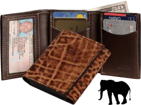 Rustic Brown Elephant Luxury Designer Exotic Trifold Wallet With ID Window