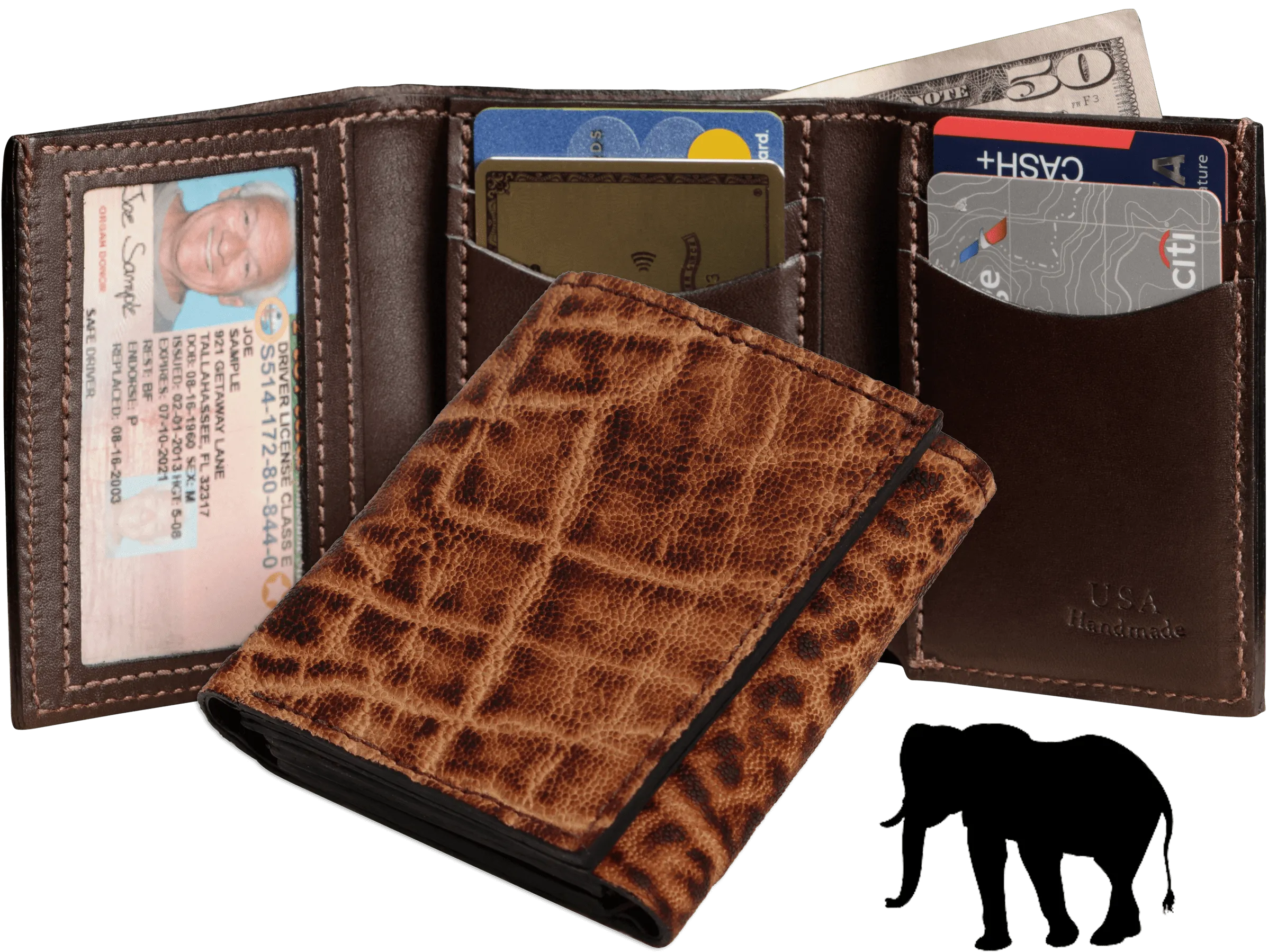 Rustic Brown Elephant Luxury Designer Exotic Trifold Wallet With ID Window