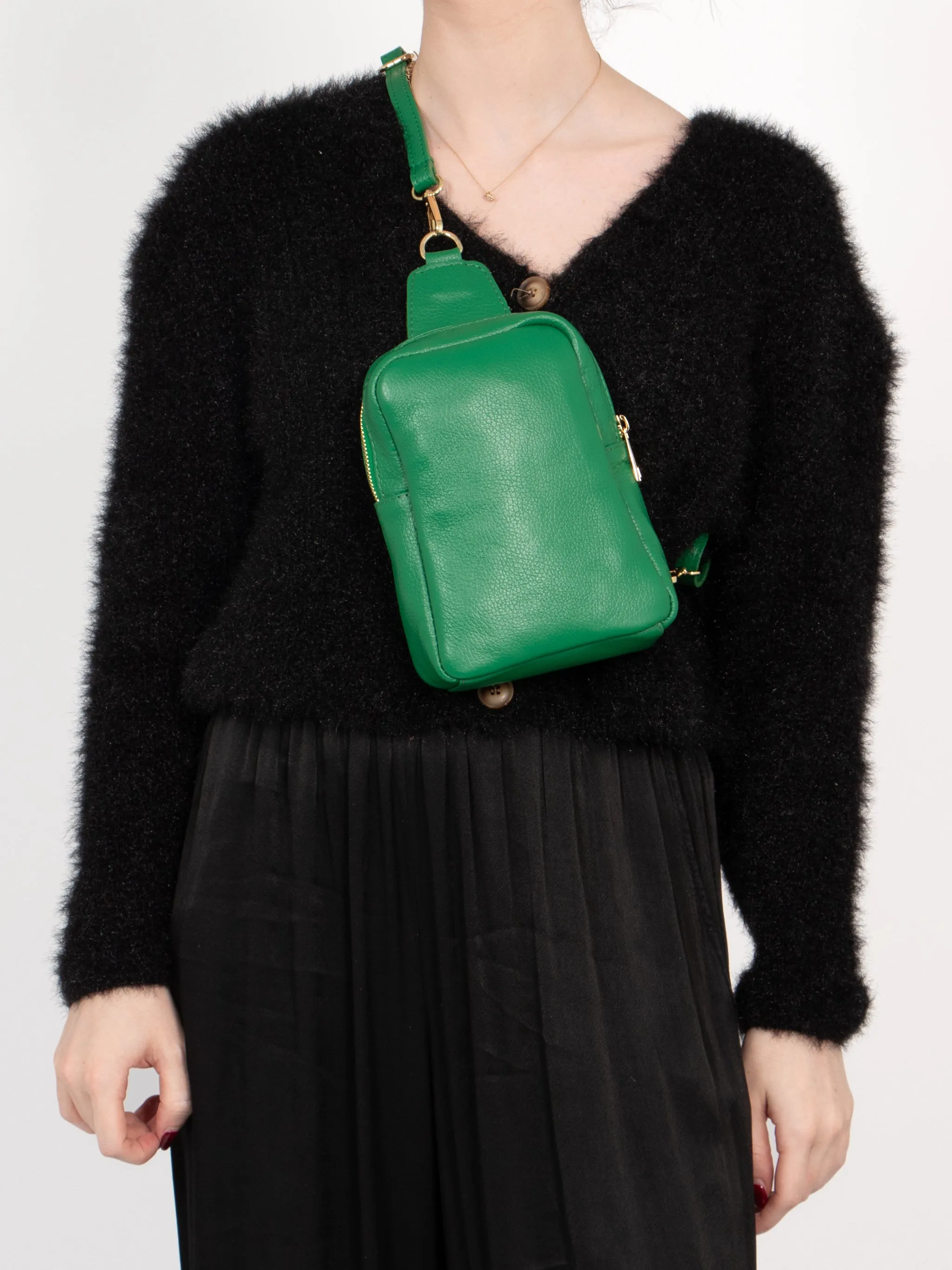 Tara  - Italian Leather Sling Bag - Bright Green, Pebbled