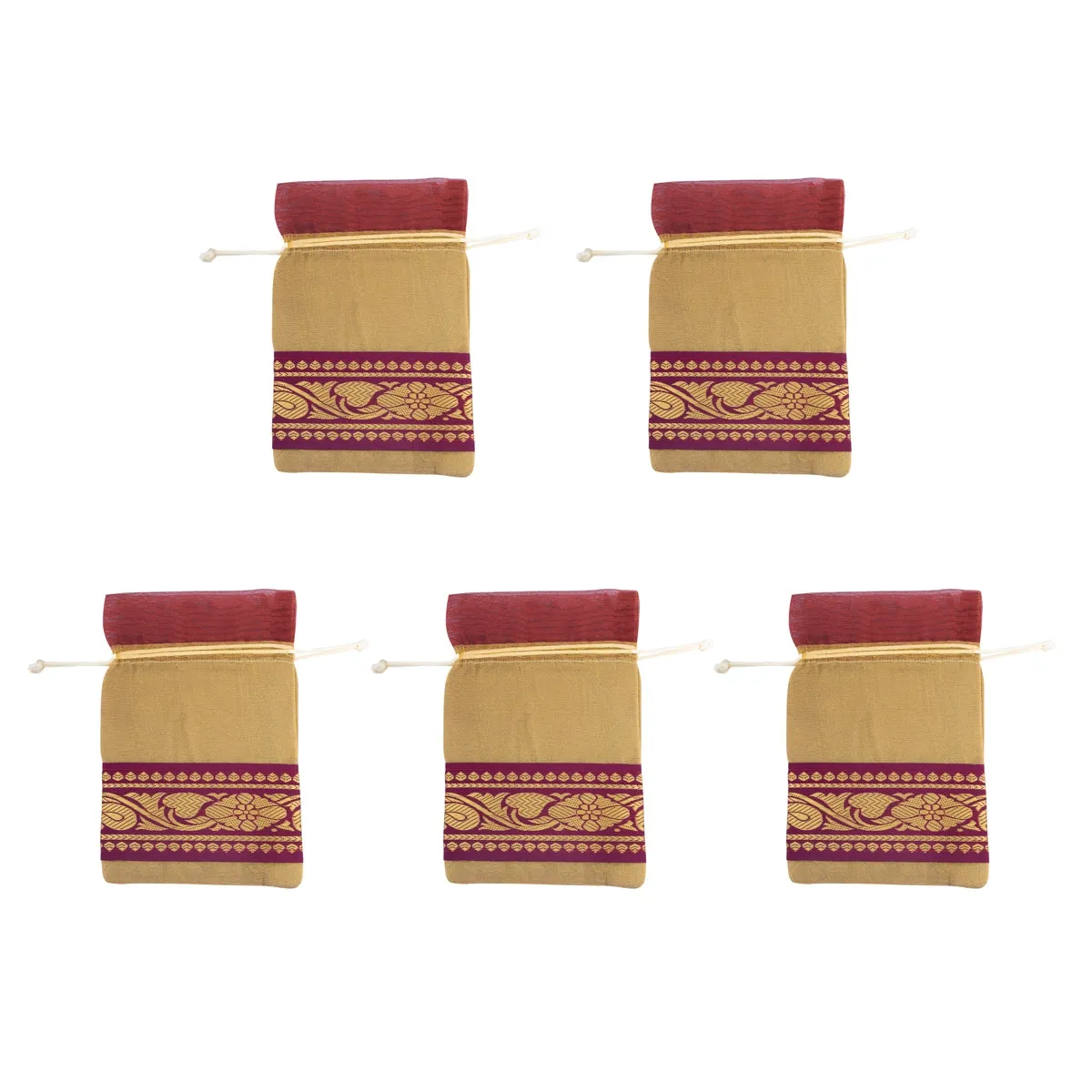 Thamboolam Bag Set - 7.5 x 5 Inches | 5 Pcs/ Jari Border Design Potli Bag/ Tambula Bag for Wedding/ Assorted Colour