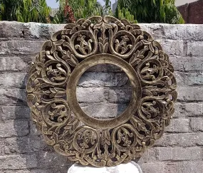 THE SARA ENTERPRISES Wooden Wall Mirror Frame Size (24 x 24) inch Round Colour Black Gold encoitry Wooden Hand Carved Decorative Hanging Round Wall Mount