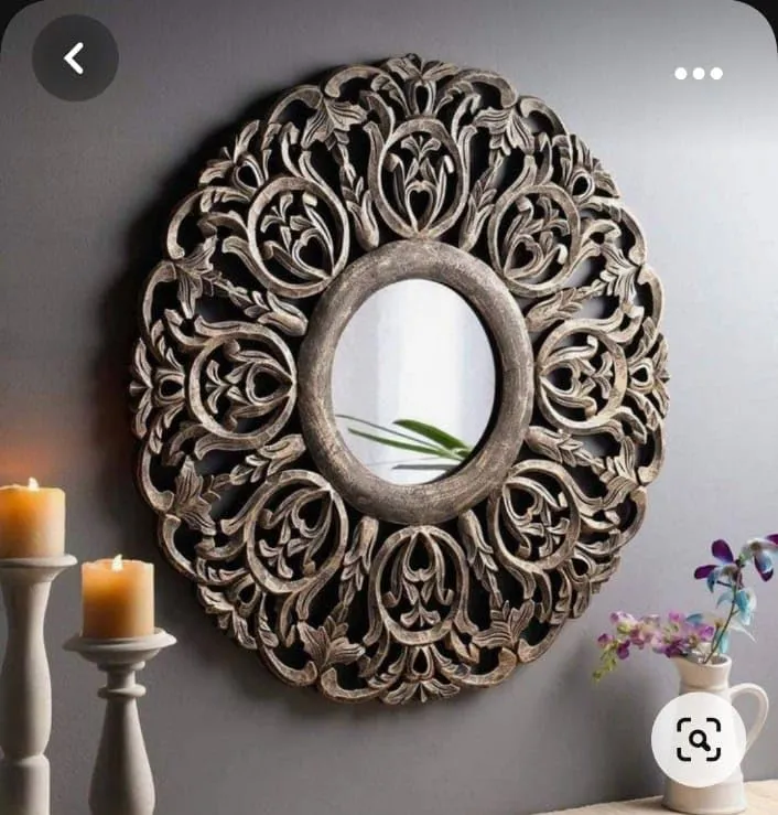 THE SARA ENTERPRISES Wooden Wall Mirror Frame Size (24 x 24) inch Round Colour Black Gold encoitry Wooden Hand Carved Decorative Hanging Round Wall Mount