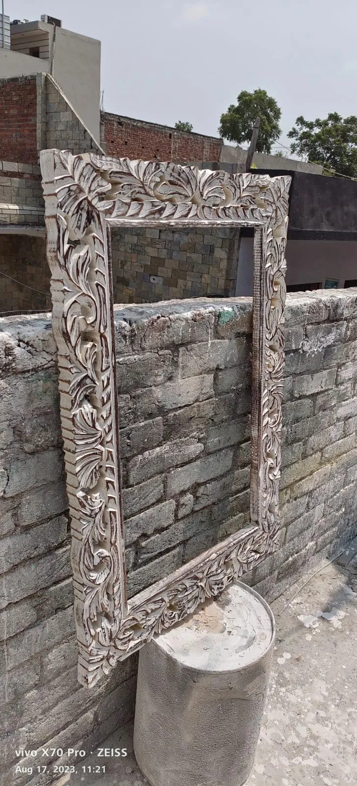 THE SARA ENTERPRISES Wooden Wall Mirror Size 90 x 60 Colour Antique White Brown encoitry Wooden Hand Carved Decorative Hanging Rectangular Wall Mount Mirror Fram only Without Mirror