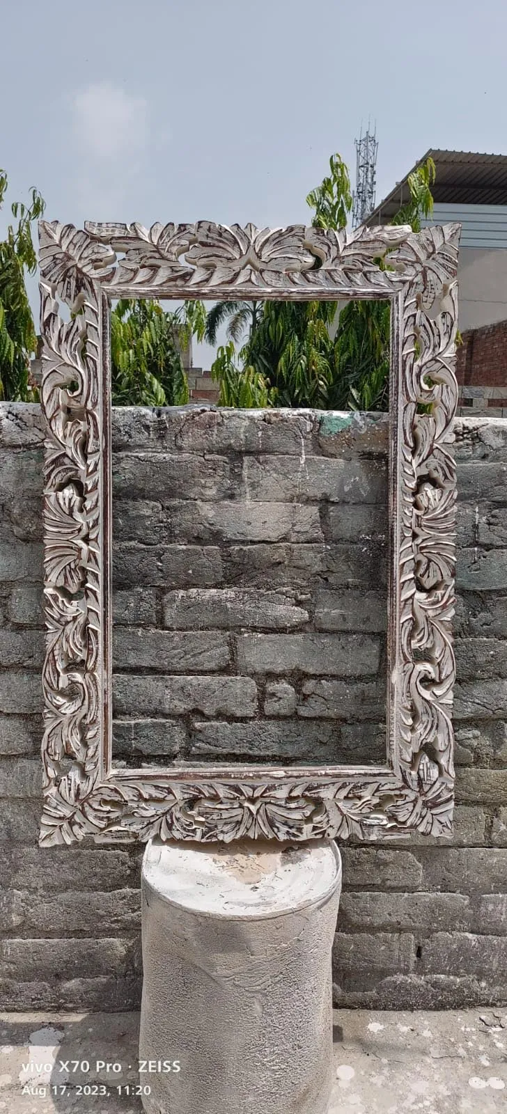 THE SARA ENTERPRISES Wooden Wall Mirror Size 90 x 60 Colour Antique White Brown encoitry Wooden Hand Carved Decorative Hanging Rectangular Wall Mount Mirror Fram only Without Mirror