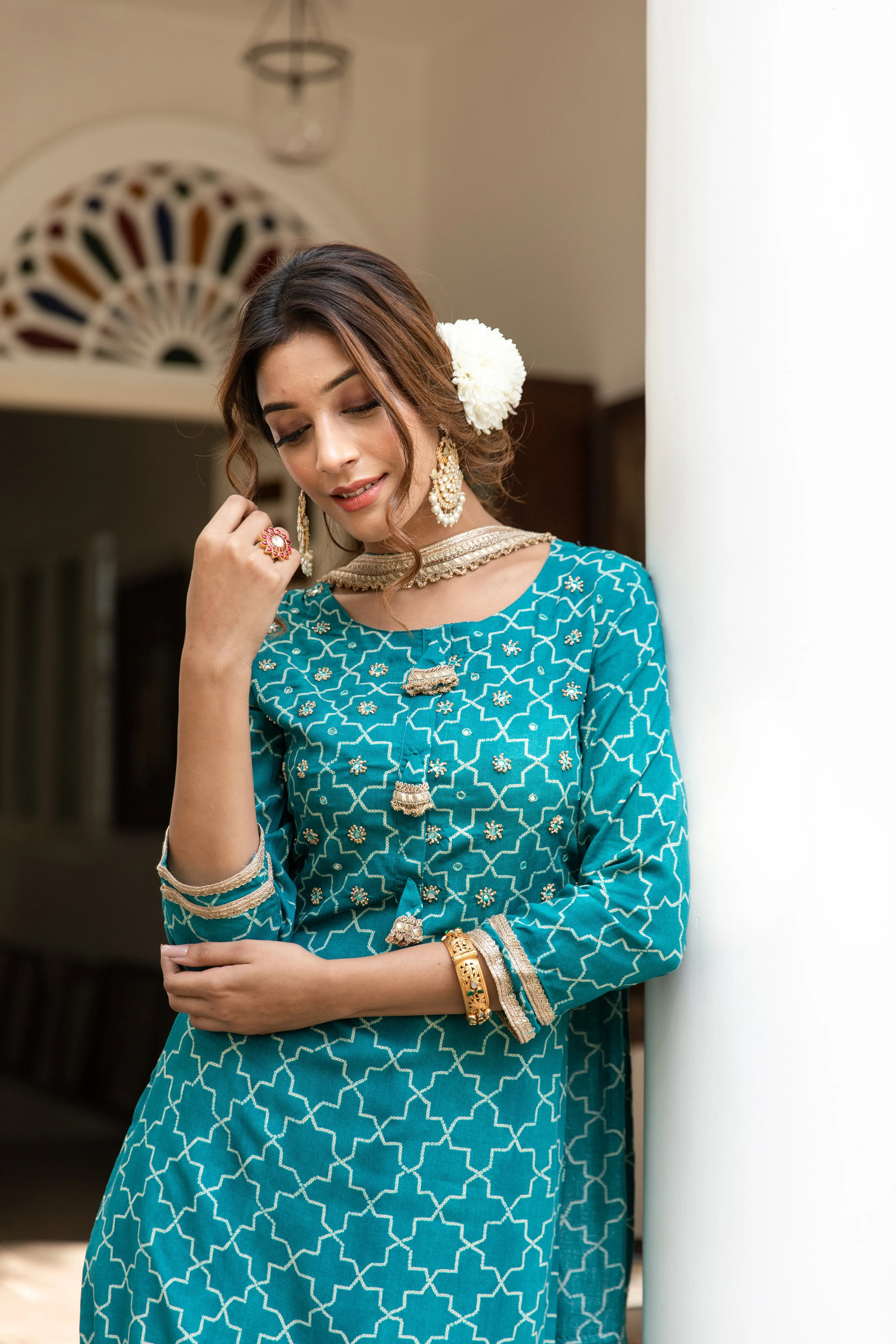 Women Green Rayon Straight  Kurta Sharara Dupatta & Fancy Potli Set