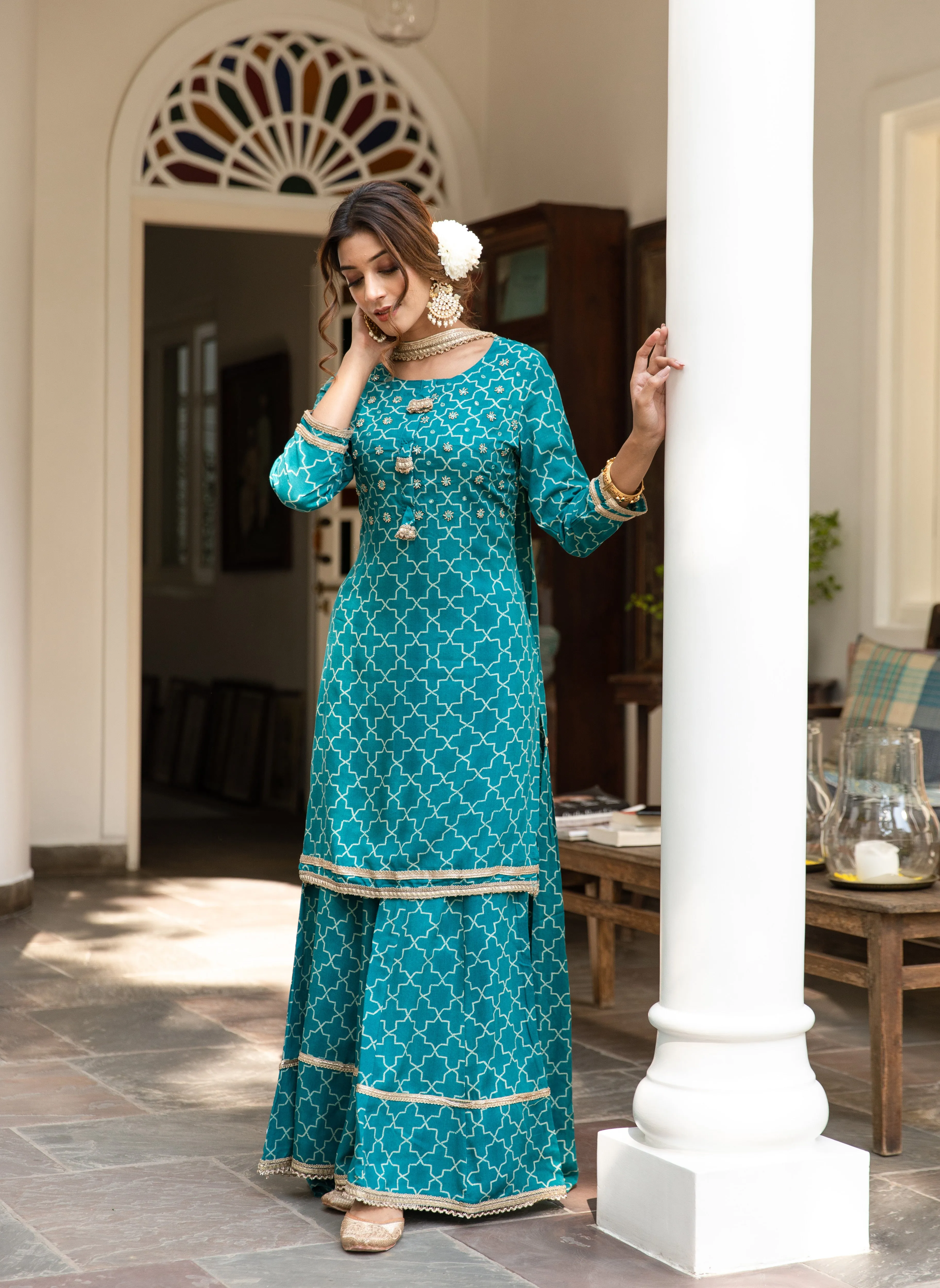 Women Green Rayon Straight  Kurta Sharara Dupatta & Fancy Potli Set