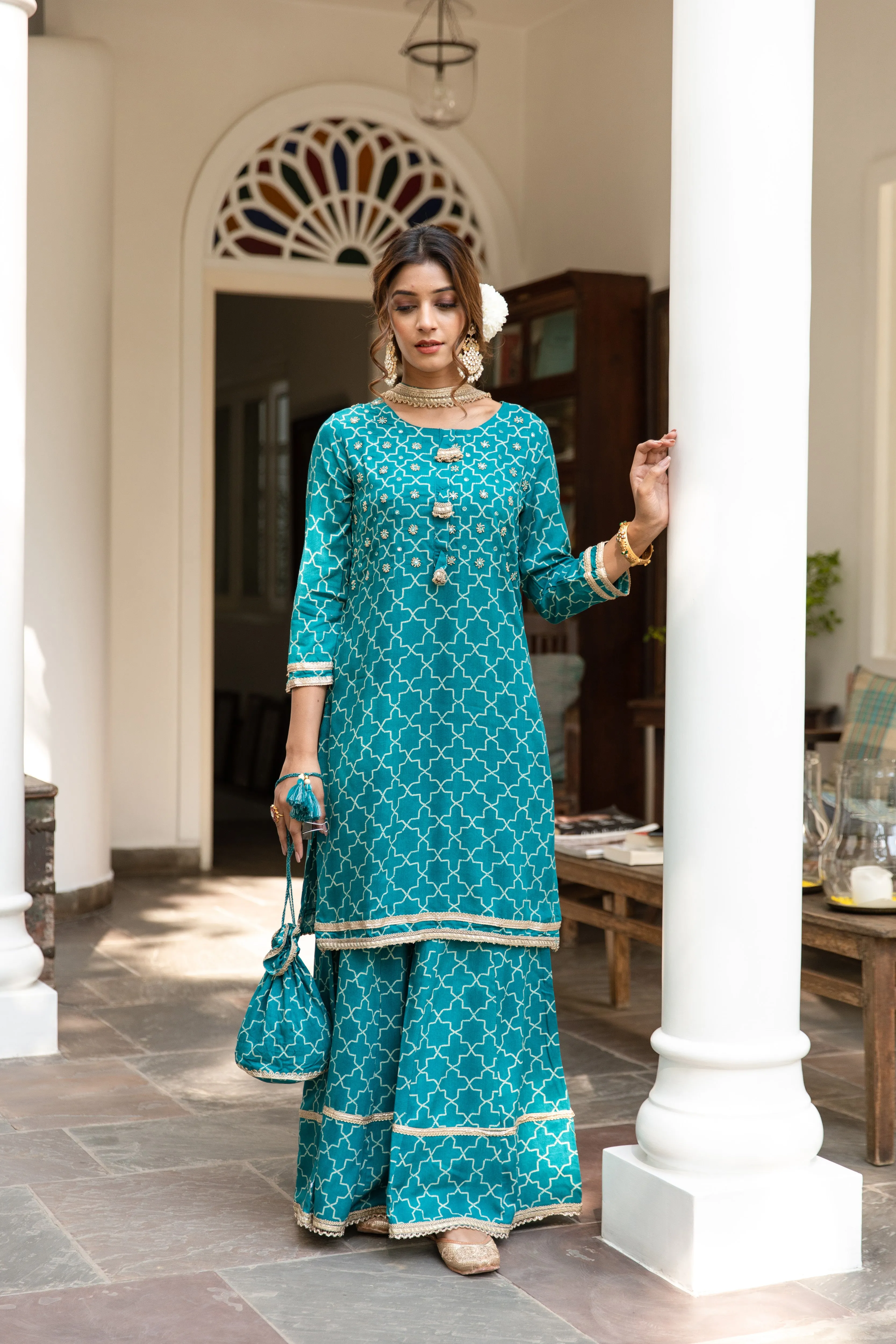 Women Green Rayon Straight  Kurta Sharara Dupatta & Fancy Potli Set