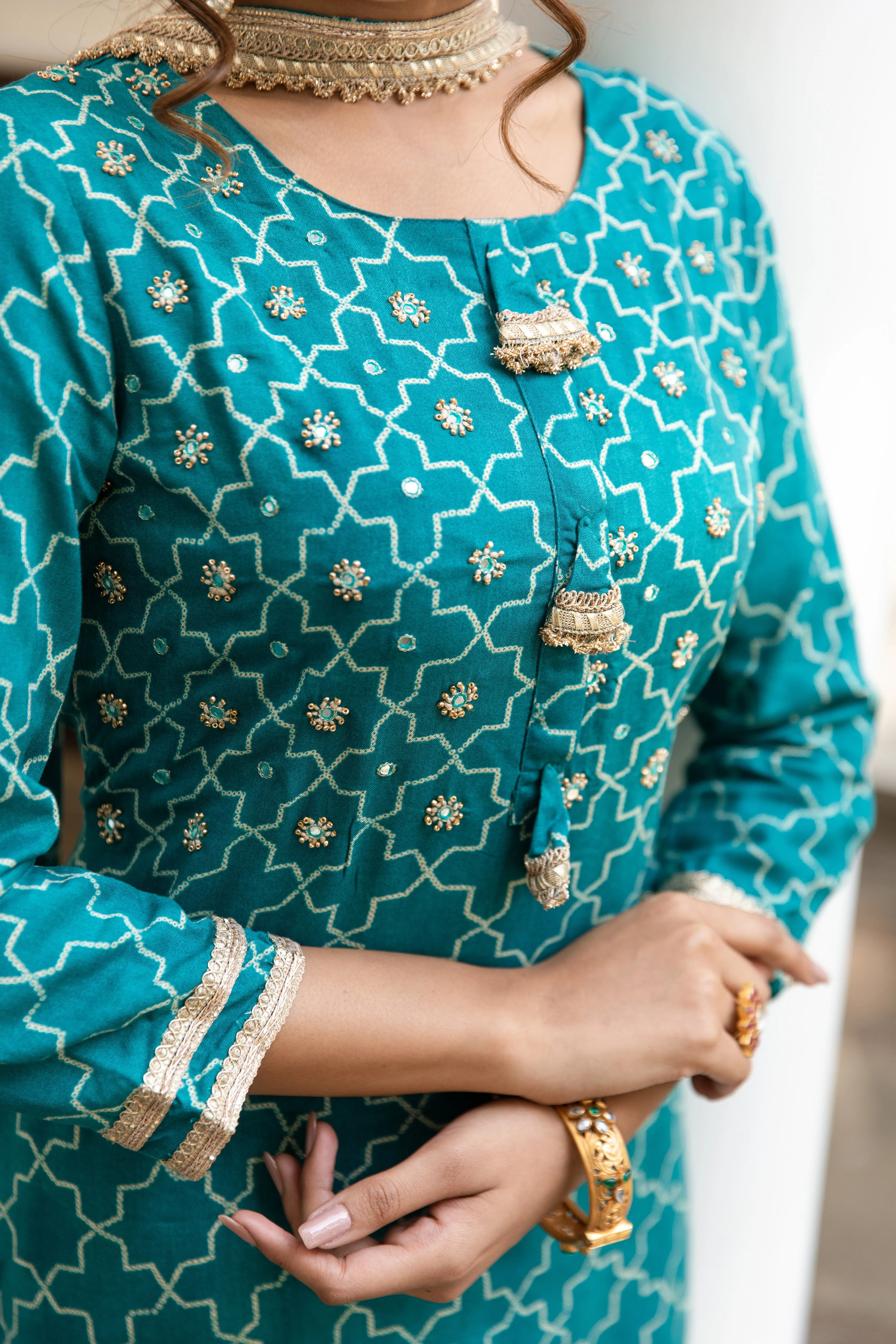 Women Green Rayon Straight  Kurta Sharara Dupatta & Fancy Potli Set